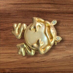 Gold-Tone Frog Pin Brooch With Faux Pearl Accent & Rhinestone Eyes Unique Design